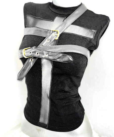 Edgy Faux Leather Harness Sleeveless Top | Chic Buckle Detail for Fall & Halloween