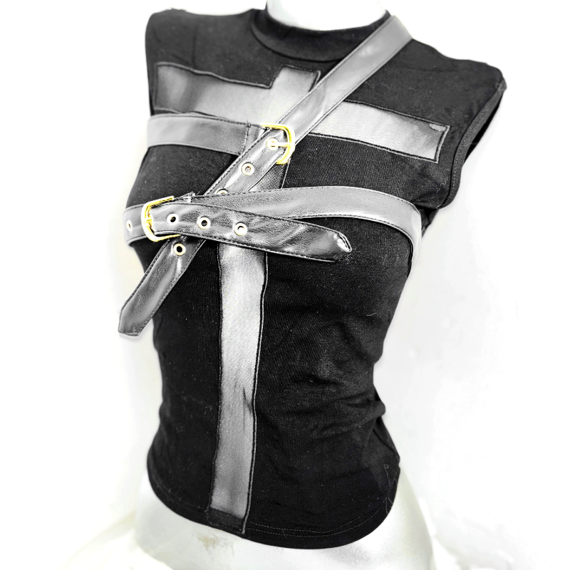 Edgy Faux Leather Harness Sleeveless Top | Chic Buckle Detail for Fall & Halloween
