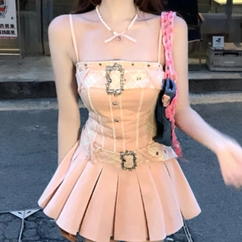 Y2K Coquette Dream: Pink Pleated Corset Mini Dress with Buckle Details – Your Fall Party Statement!