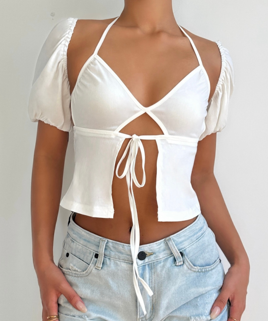 Chic White Halter Puff Sleeve Crop Top | Trendy Tie Front Cutout for Your Fall Getaway