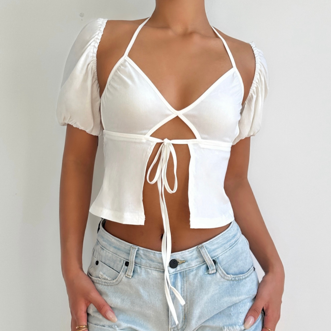 Chic White Halter Puff Sleeve Crop Top | Trendy Tie Front Cutout for Your Fall Getaway