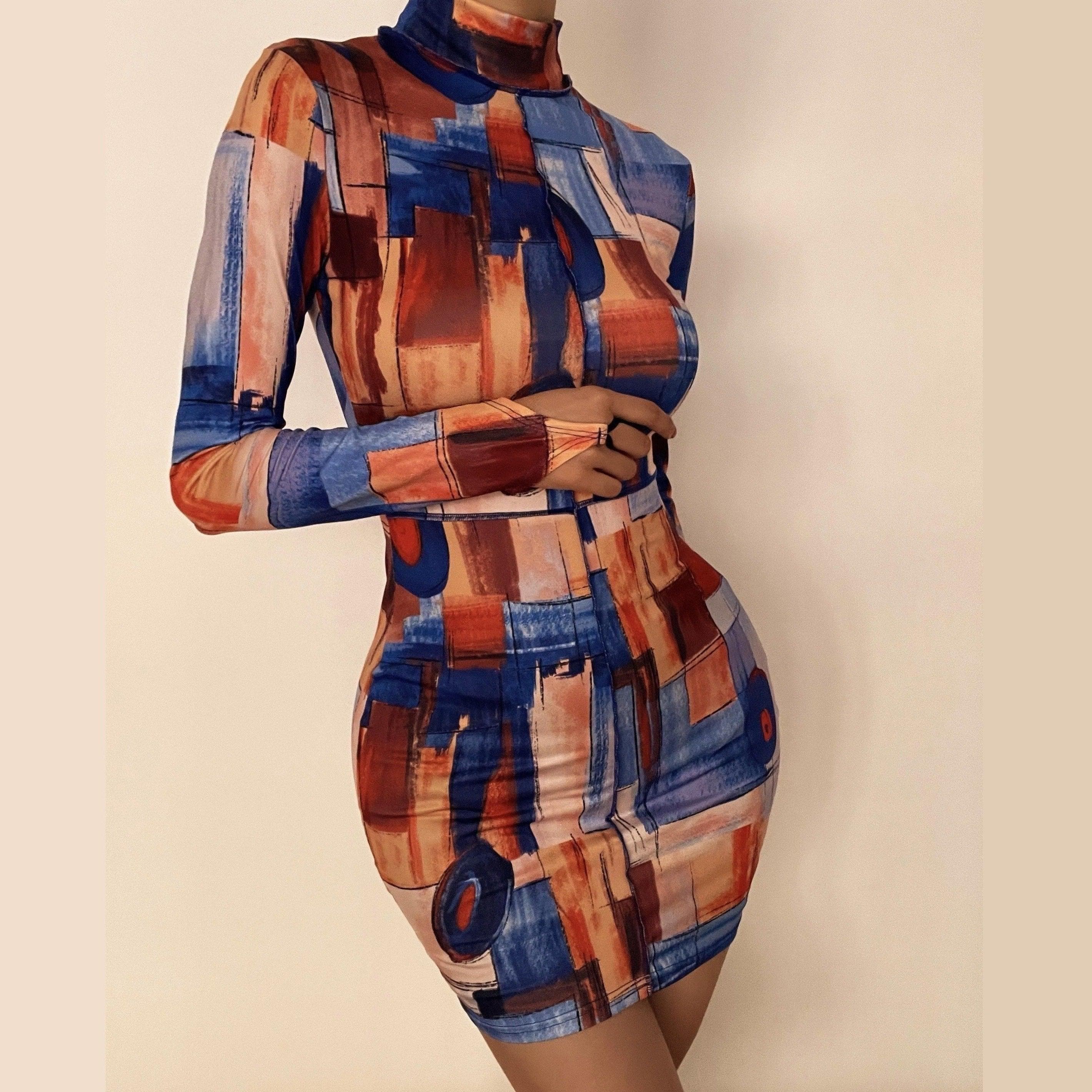 Art-Inspired Abstract Print High-Neck Bodycon Mini Dress - Fall & Party Ready