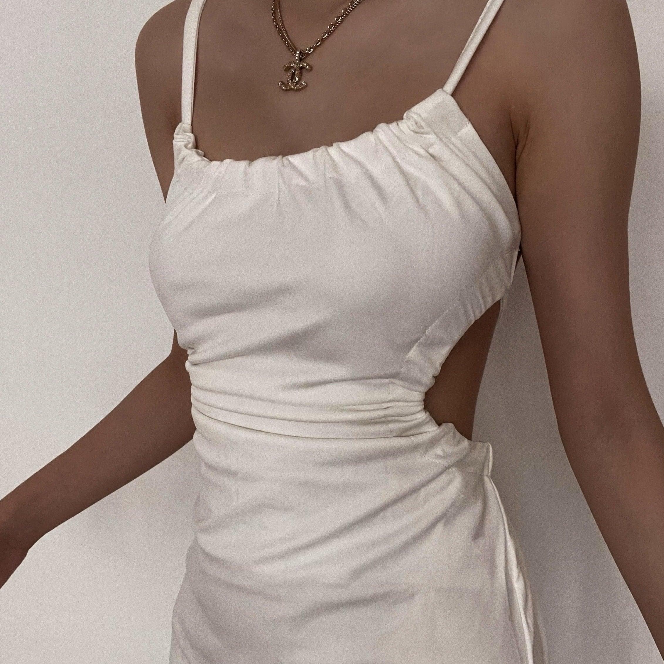 Effortless Chic: White Side Cut-Out Tie-Back Midi Dress - Perfect for Fall Events & Vacations