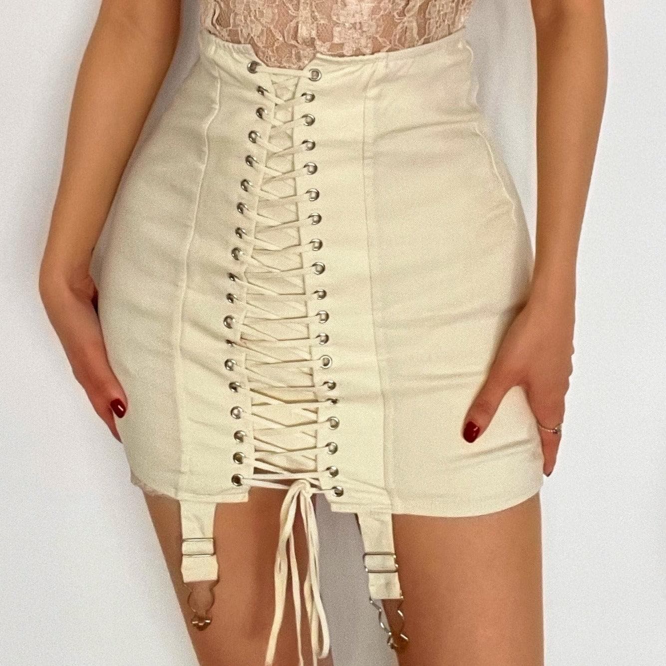 Fall's Edge: Cream Lace-Up Corset Mini Skirt with Garter Straps | High Waist Edgy Chic