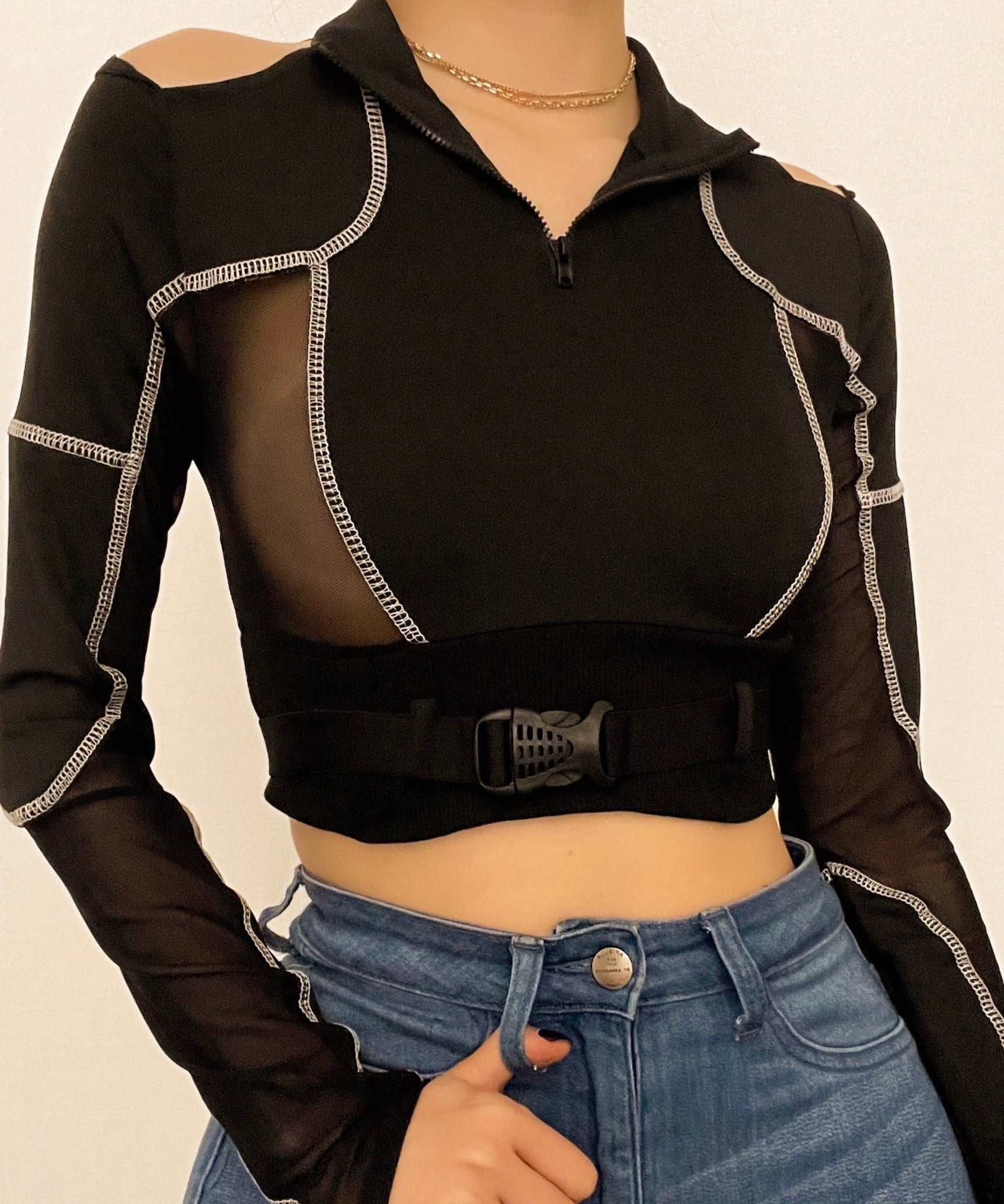 Edgy Chic Fall Mesh Crop Top - Quarter-Zip, Cold Shoulder & Tactical Buckle Detail