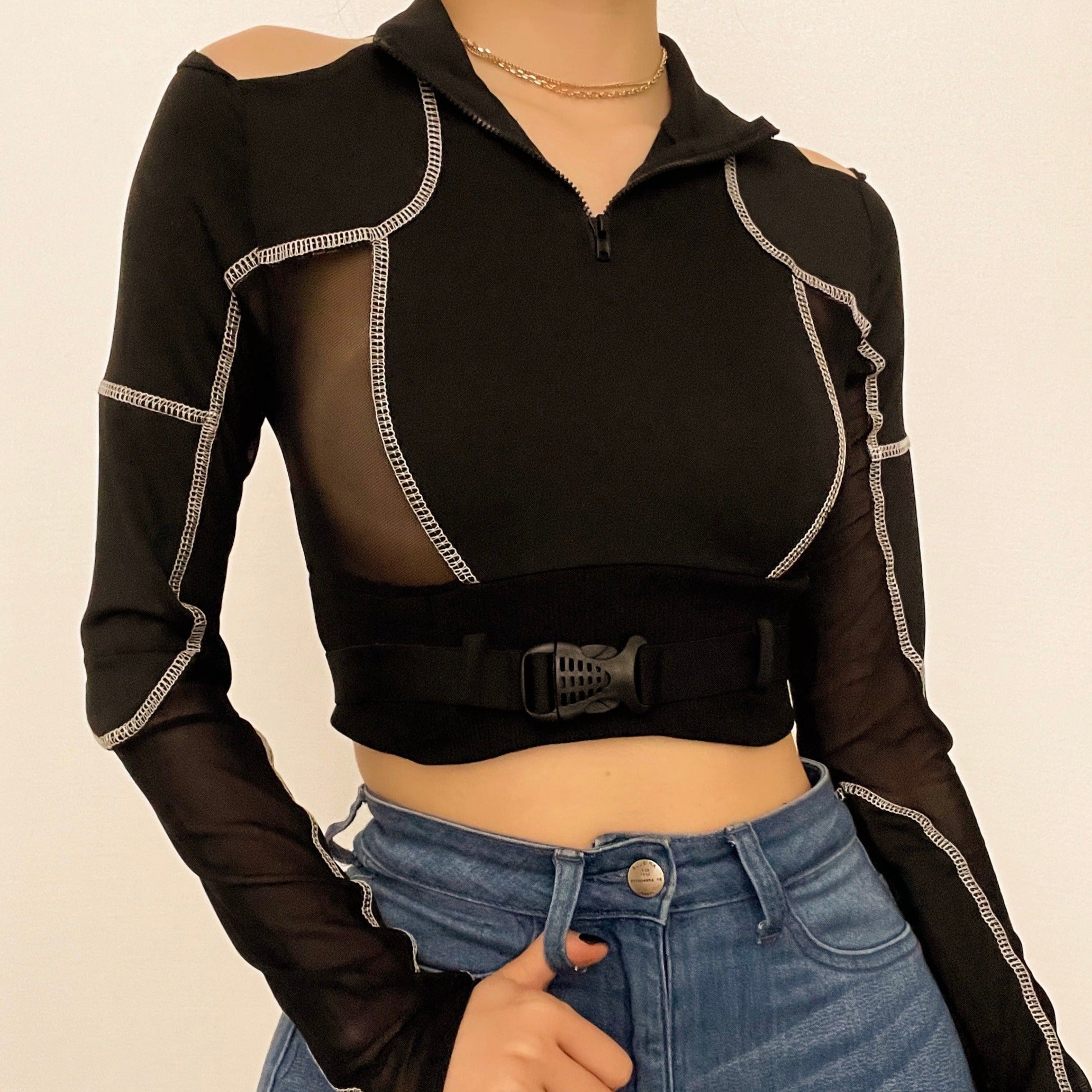 Edgy Chic Fall Mesh Crop Top - Quarter-Zip, Cold Shoulder & Tactical Buckle Detail