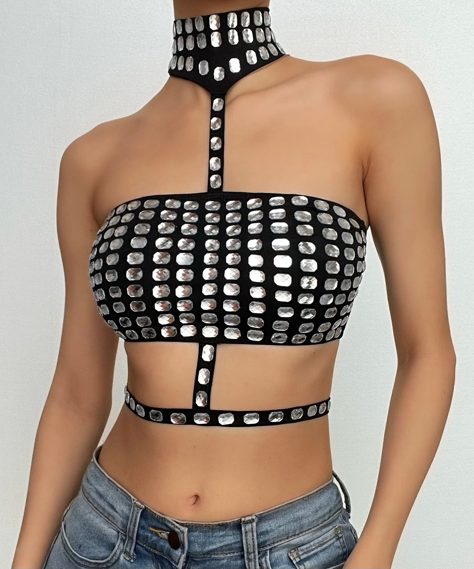 Dazzling Rhinestone Halter Crop Top - Ultimate Party, Club & Halloween Glam