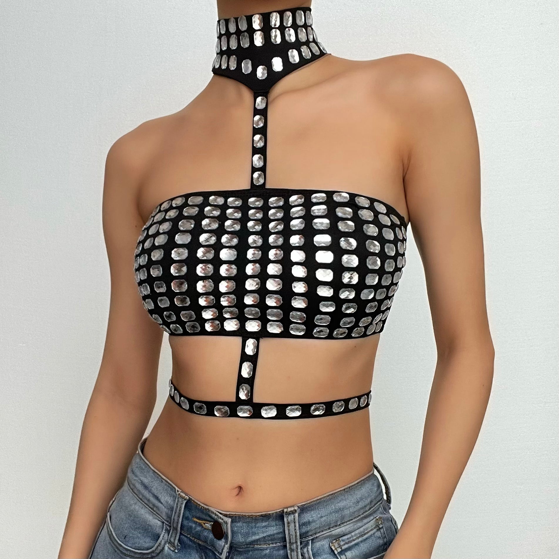 Dazzling Rhinestone Halter Crop Top - Ultimate Party, Club & Halloween Glam