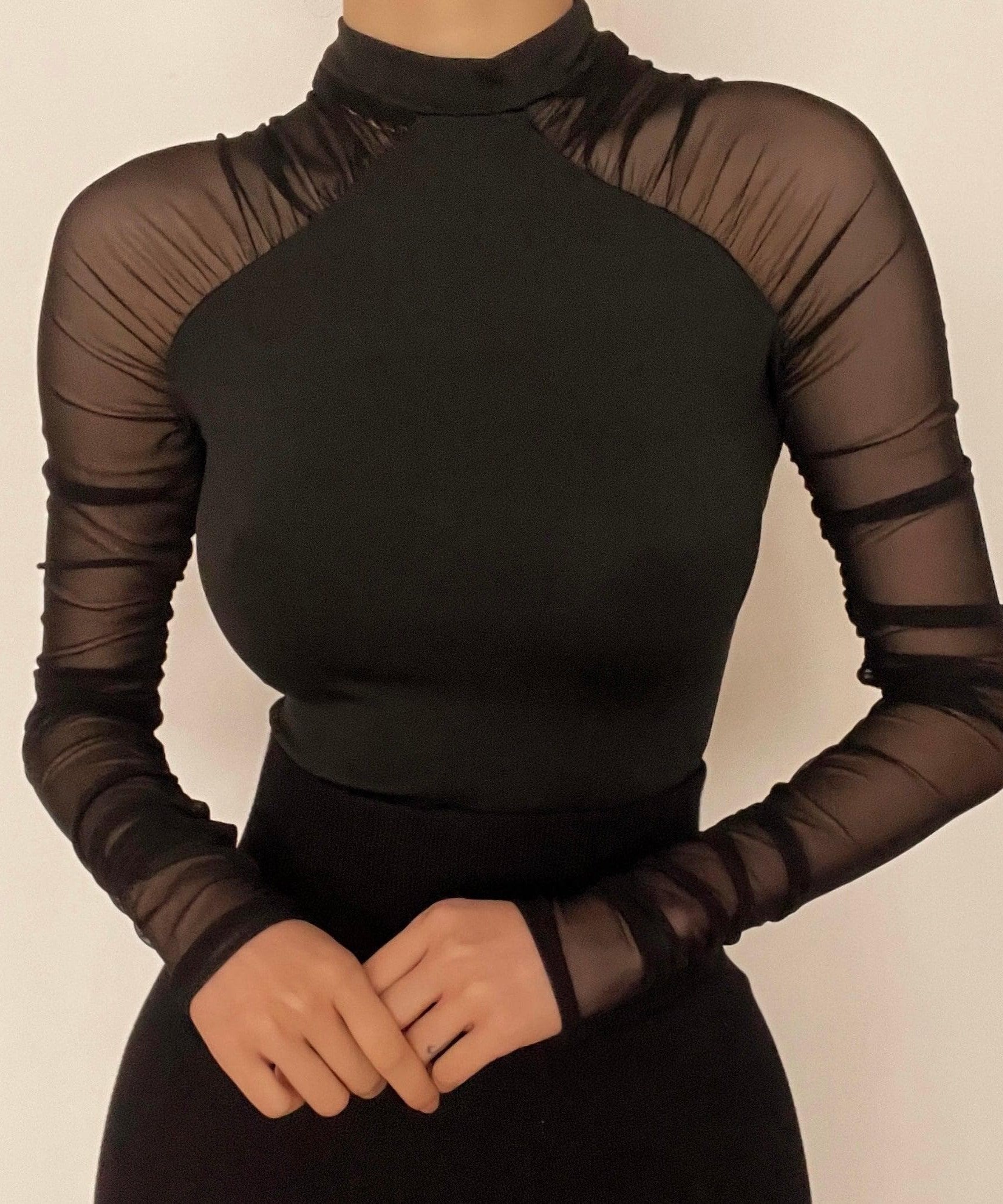 Effortless Chic Black Mesh Illusion High Neck Bodysuit | Fall & Holiday Style Essential