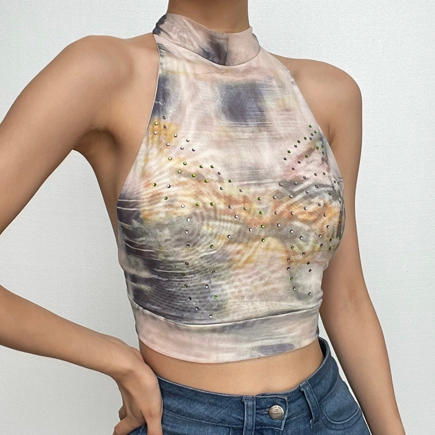 Chic Abstract Swirl Beaded Halter Crop Top | Backless Y2K Style for Fall Nights Out