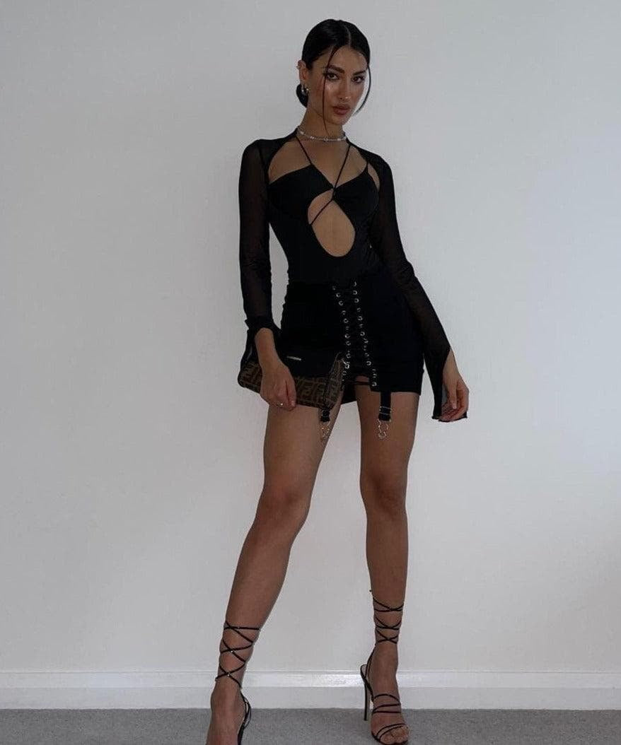 Fall's Edge: Cream Lace-Up Corset Mini Skirt with Garter Straps | High Waist Edgy Chic