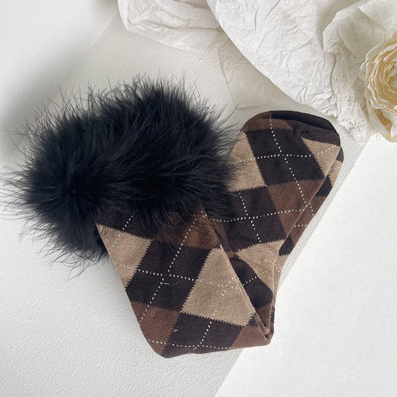 Cozy Chic Argyle Knee-High Socks with Faux Feather Trim | Fall & Holiday Style