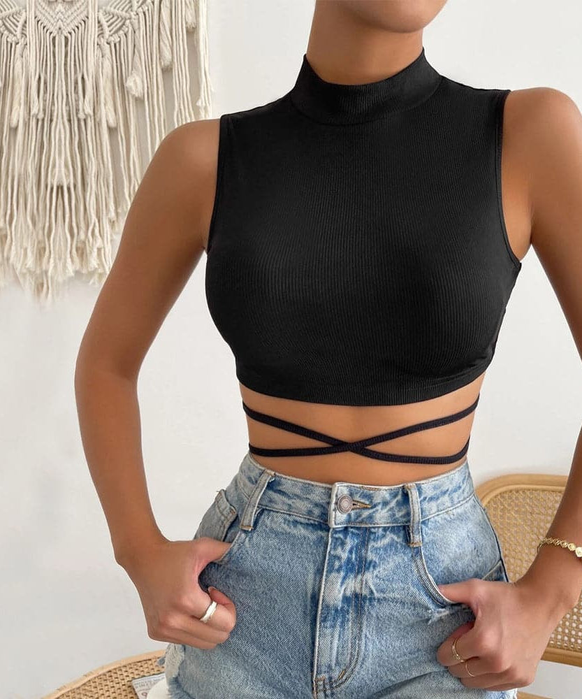 Chic Black Ribbed Mock Neck Sleeveless Wrap-Tie Crop Top – Fall Fashion Essential