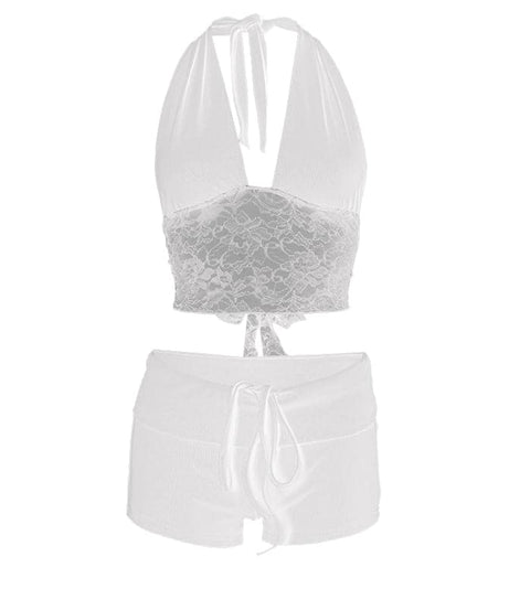 Y2K Dream Pink Ribbed Halter Crop Top & Shorts Lounge Set | Lace Trim