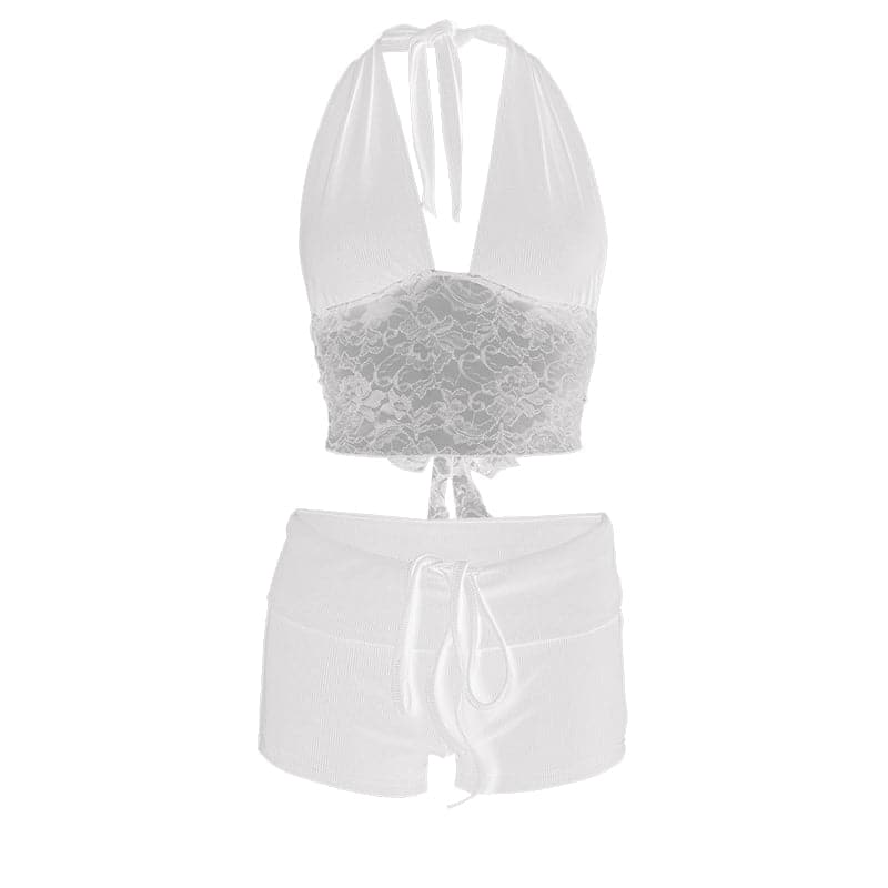 Y2K Dream Pink Ribbed Halter Crop Top & Shorts Lounge Set | Lace Trim