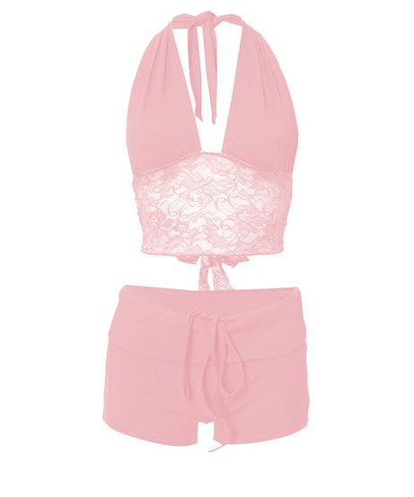 Y2K Dream Pink Ribbed Halter Crop Top & Shorts Lounge Set | Lace Trim