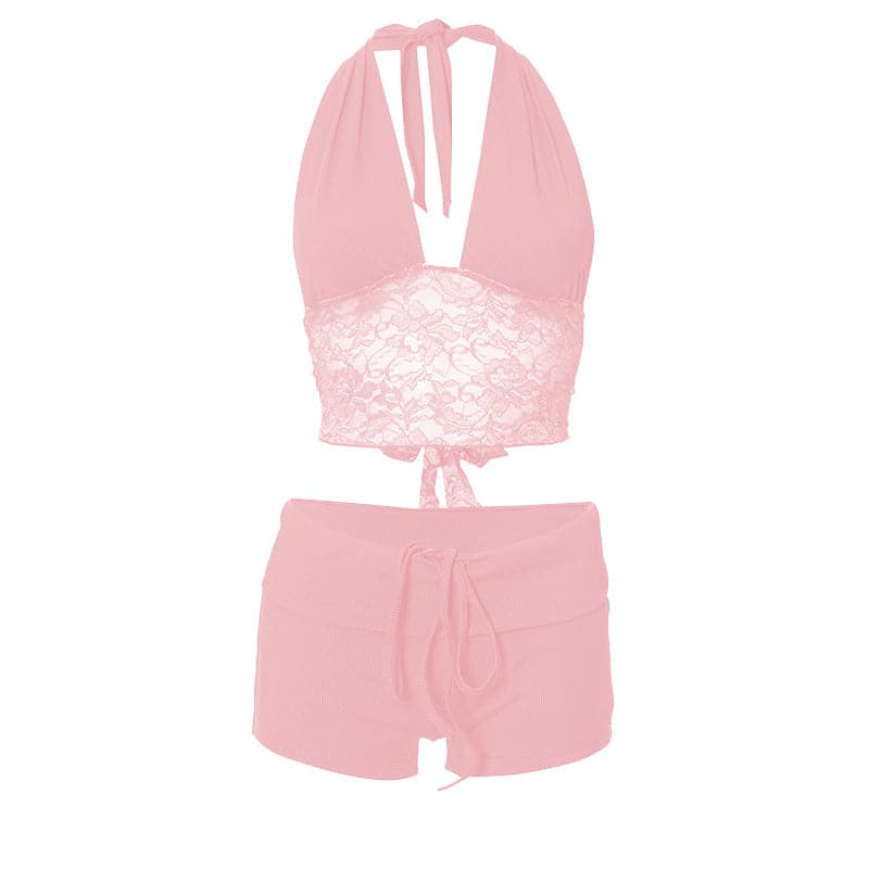 Y2K Dream Pink Ribbed Halter Crop Top & Shorts Lounge Set | Lace Trim