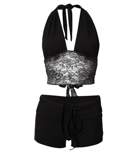 Y2K Dream Pink Ribbed Halter Crop Top & Shorts Lounge Set | Lace Trim