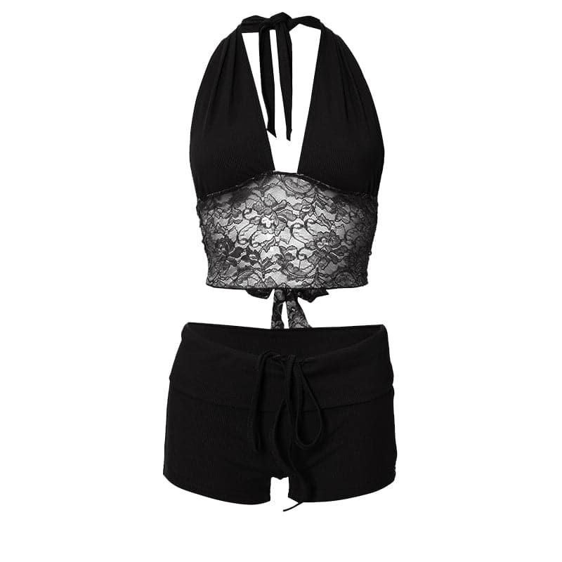 Y2K Dream Pink Ribbed Halter Crop Top & Shorts Lounge Set | Lace Trim