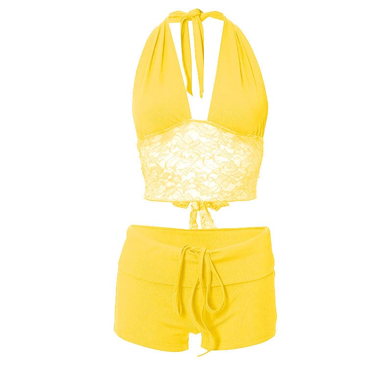 Y2K Dream Pink Ribbed Halter Crop Top & Shorts Lounge Set | Lace Trim