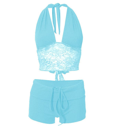 Y2K Dream Pink Ribbed Halter Crop Top & Shorts Lounge Set | Lace Trim