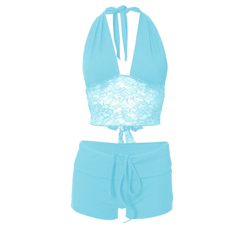 Y2K Dream Pink Ribbed Halter Crop Top & Shorts Lounge Set | Lace Trim