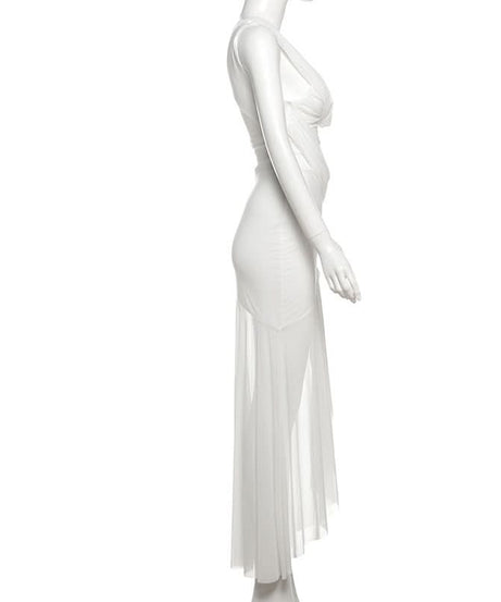 Effortless Elegance: White One-Shoulder Ruched Maxi Dress with Sheer Overlay | Perfect for Fall & Holiday Events