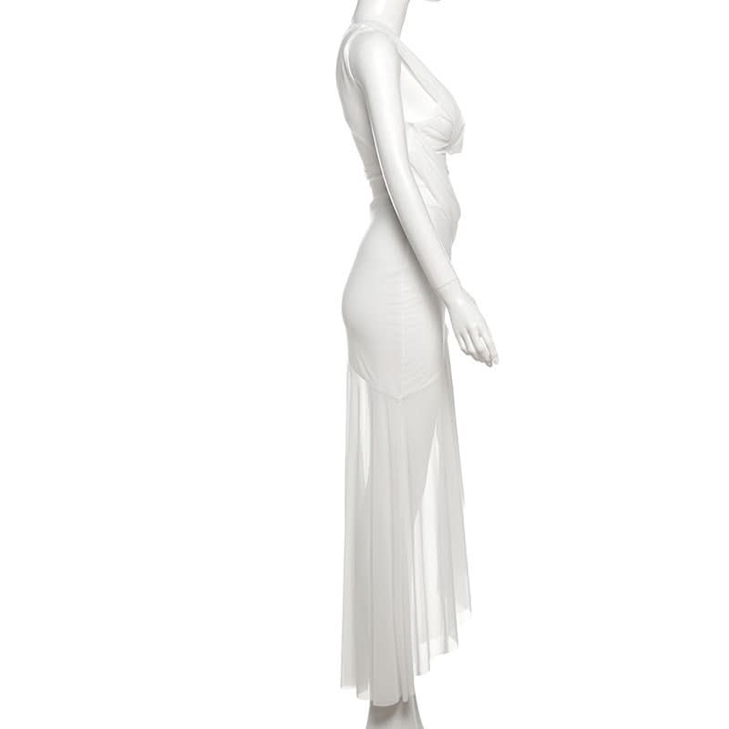 Effortless Elegance: White One-Shoulder Ruched Maxi Dress with Sheer Overlay | Perfect for Fall & Holiday Events