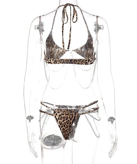 Wild Instincts Leopard Chain Halter Lingerie Set - Your Daring Halloween & Clubwear Statement