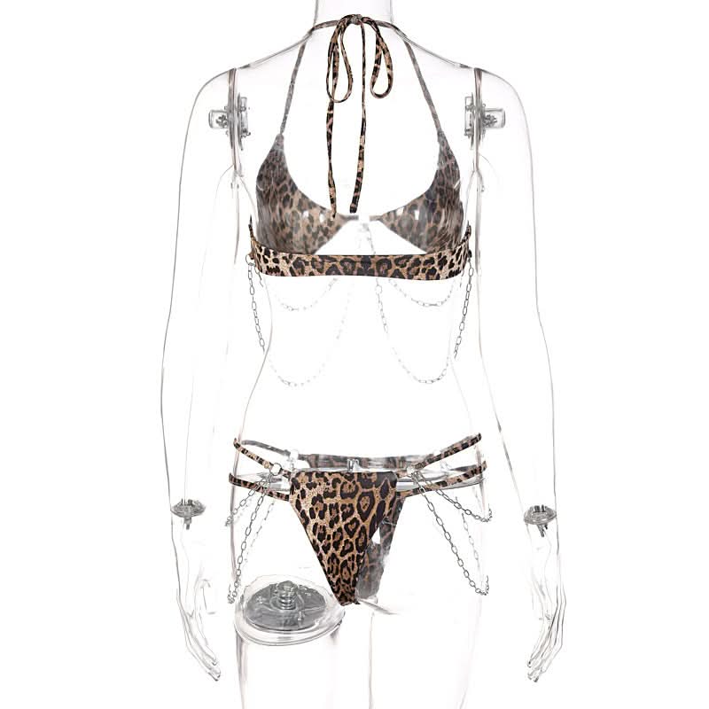 Wild Instincts Leopard Chain Halter Lingerie Set - Your Daring Halloween & Clubwear Statement