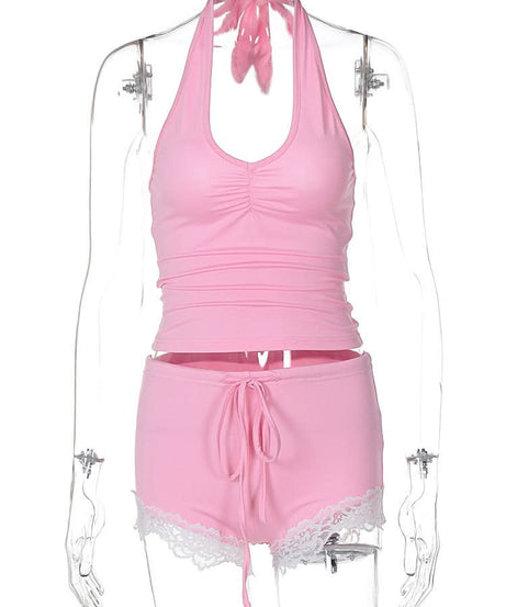 Sweet Pink Halter & Lace Pajama Shorts Set | Cozy Fall Loungewear for Women