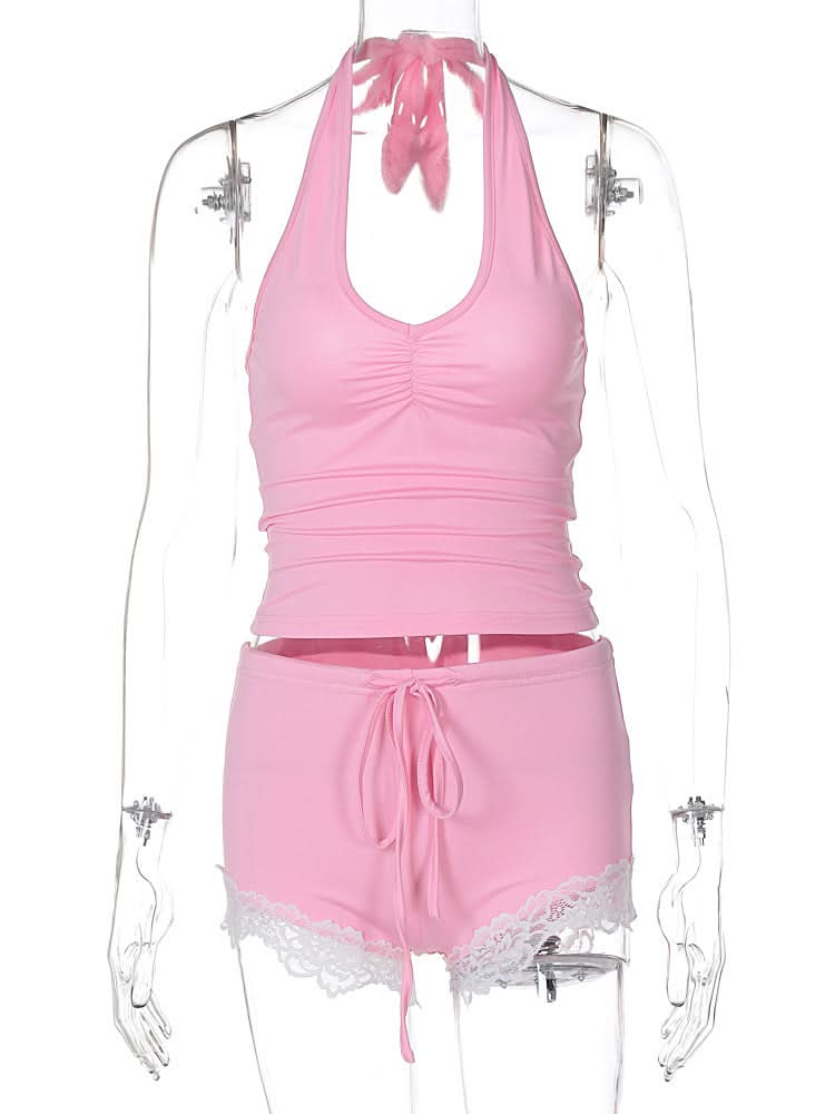 Sweet Pink Halter & Lace Pajama Shorts Set | Cozy Fall Loungewear for Women