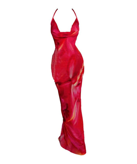 Vibrant Tie-Dye Mesh Maxi Dress – Cowl Neck Halter Backless for Fall Events & Escapes