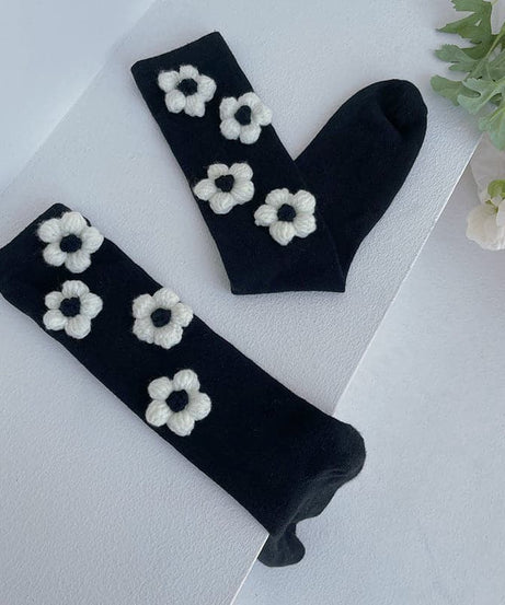 Chic Black Flower Applique Knee High Socks | Cozy Fall & Halloween Style
