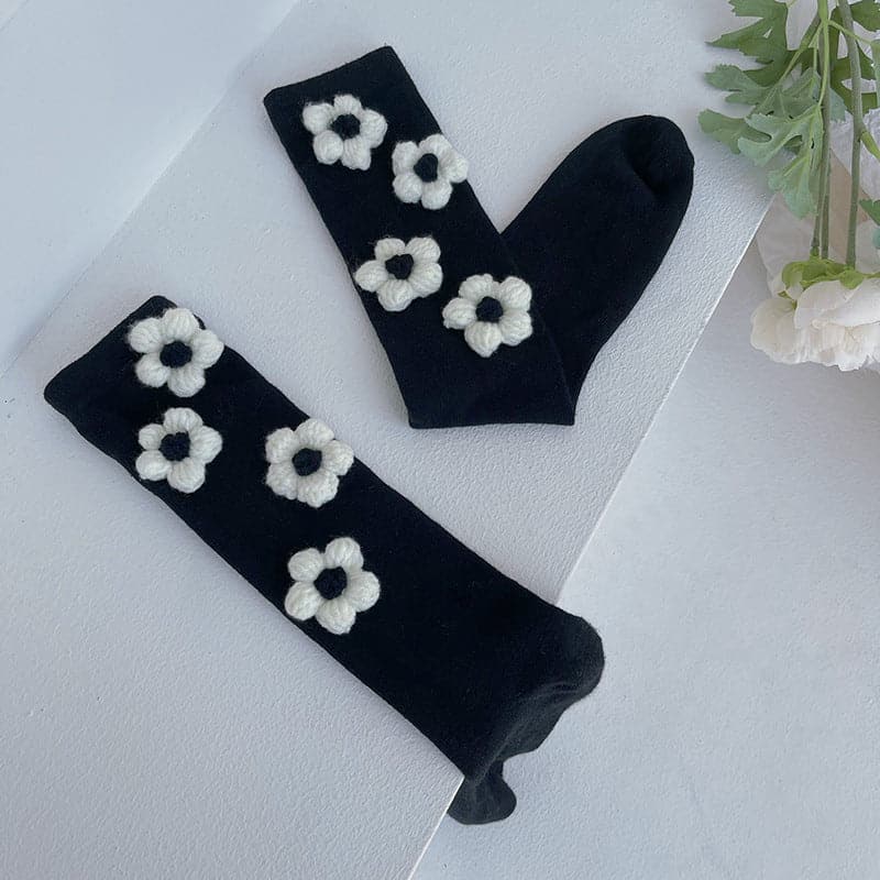 Chic Black Flower Applique Knee High Socks | Cozy Fall & Halloween Style