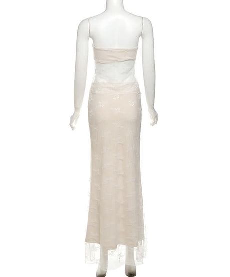 Dreamy Fall Elegance: Strapless Sweetheart Lace Maxi Set - Cream Two-Piece Skirt & Top for Enchanting Evenings
