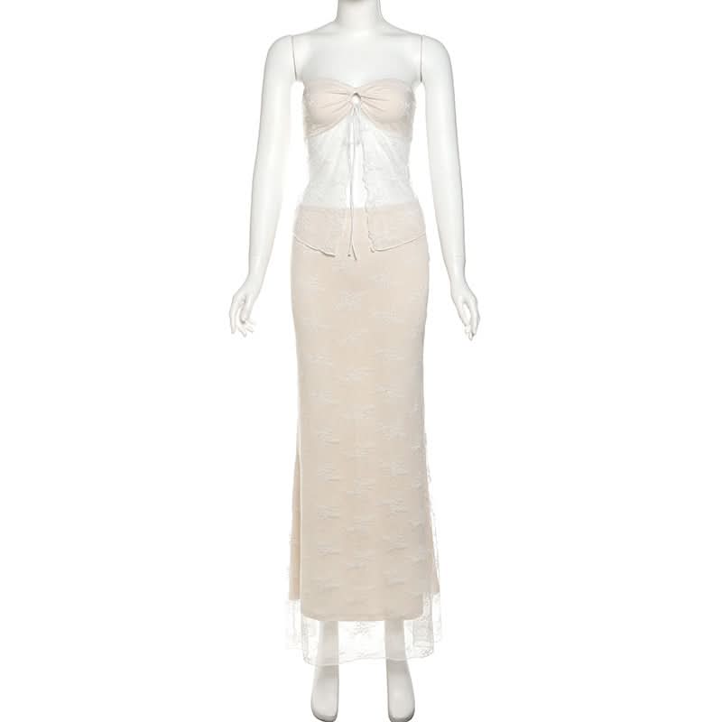 Dreamy Fall Elegance: Strapless Sweetheart Lace Maxi Set - Cream Two-Piece Skirt & Top for Enchanting Evenings