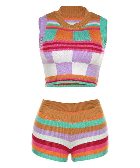 Groovy Getaway Knit Set: Vibrant Checkerboard Crop Top & Striped Shorts