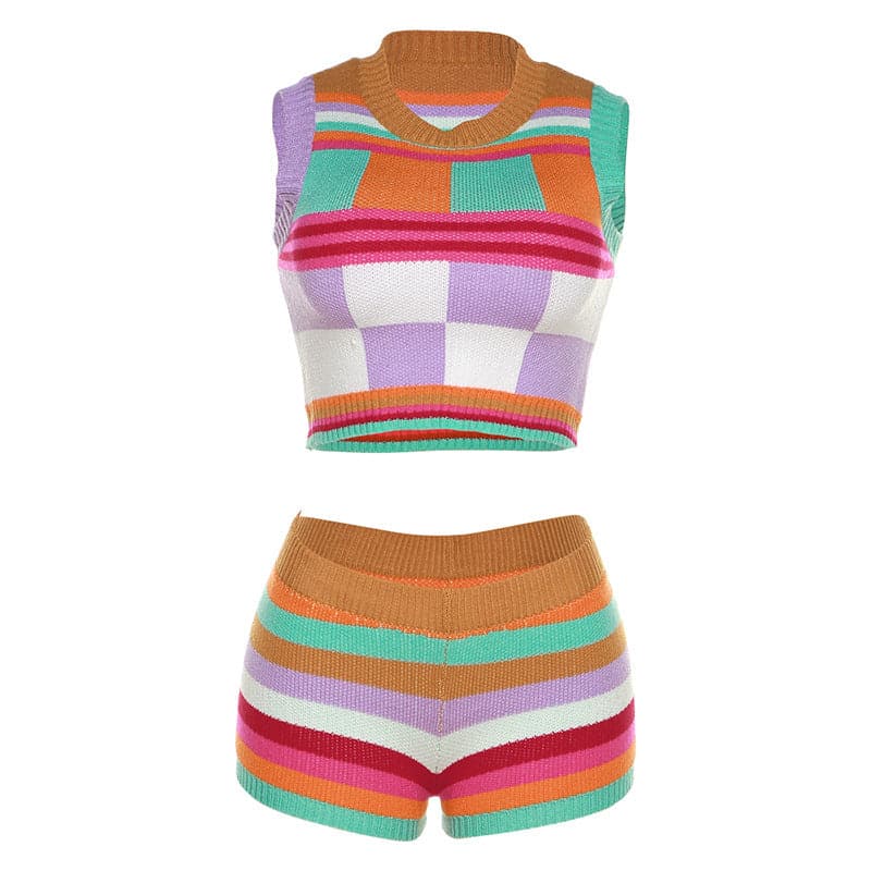Groovy Getaway Knit Set: Vibrant Checkerboard Crop Top & Striped Shorts
