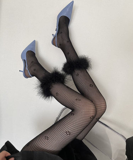 Bewitching Feather-Cuff Fishnet Tights - Dainty Pattern for Fall & Halloween Parties