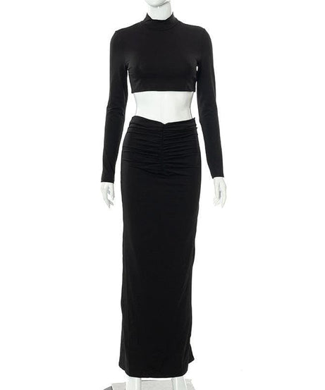 Sleek White Mock Neck Crop Top & Ruched Maxi Skirt Set - Chic Fall & Holiday Essential