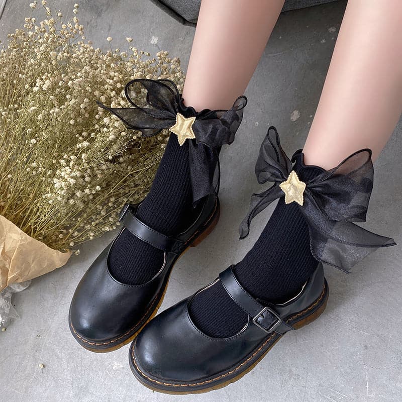 Whimsical Gold Star Ruffle Ankle Socks - Charming Cotton Blend for Fall & Holiday Style