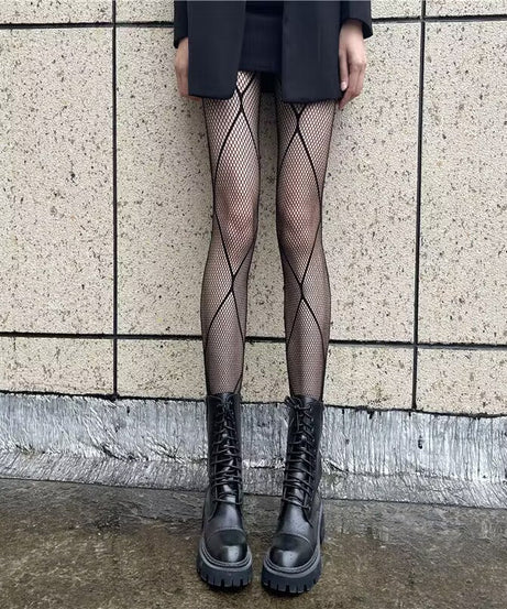 Edgy Diamond Fishnet Tights for Fall | Statement Rhombus Hosiery for Halloween & Beyond