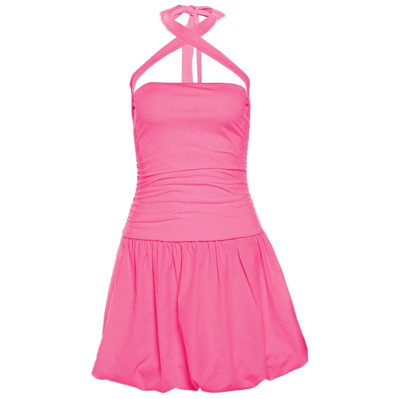 The 'It Girl' Barbie Pink Halter Mini Dress - Ruched & Ready for Fall Getaways & Parties