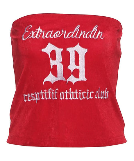 Trendy Red Velvet Tube Top for Women | Y2K '39' Embroidered Varsity Crop - Fall Fashion