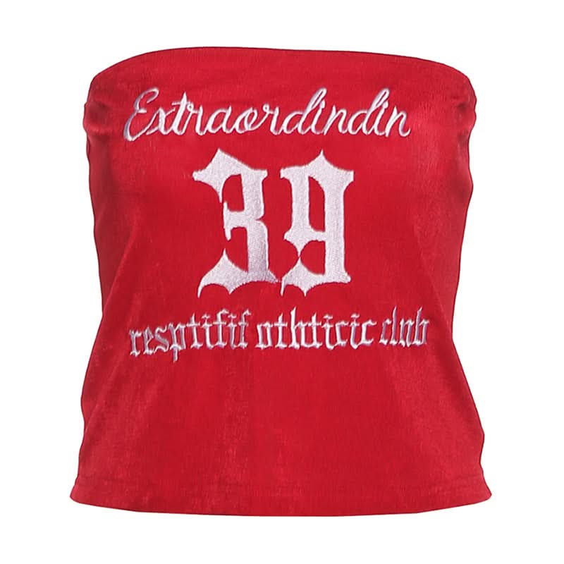 Trendy Red Velvet Tube Top for Women | Y2K '39' Embroidered Varsity Crop - Fall Fashion