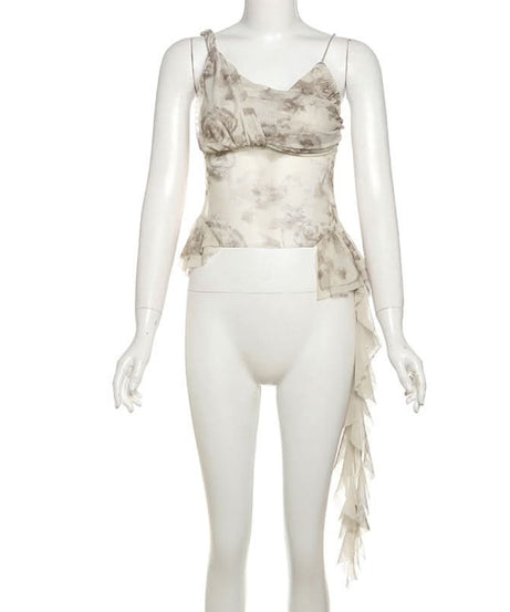 Chic Autumn Bloom Mesh Ruffle Cami Top - Romantic Asymmetrical Fall Style