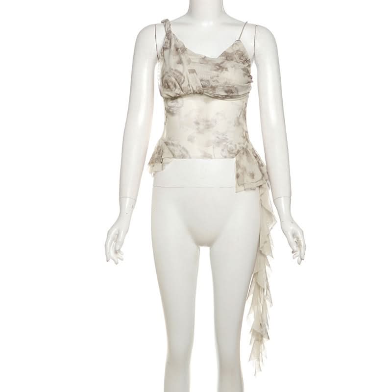 Chic Autumn Bloom Mesh Ruffle Cami Top - Romantic Asymmetrical Fall Style