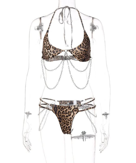 Wild Instincts Leopard Chain Halter Lingerie Set - Your Daring Halloween & Clubwear Statement
