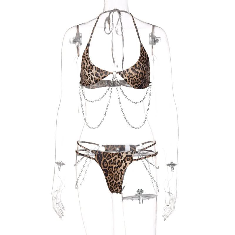 Wild Instincts Leopard Chain Halter Lingerie Set - Your Daring Halloween & Clubwear Statement